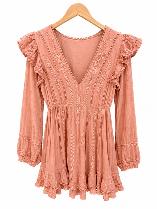 Free People Dresses & Skirts - Free People Embroidered V-Neck Ruffle Tunic in Dusty Rose